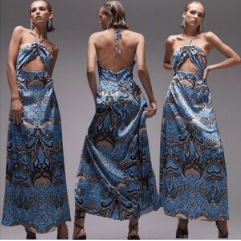 Topshop Petite Blue Paisley‎ Cut Out Halter Maxi Dress Size 10P NEW